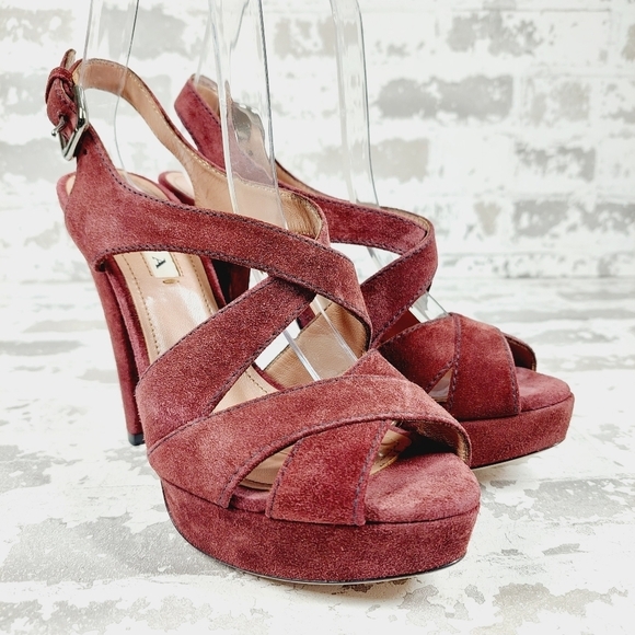 Prada Burgundy Red Suede Buckle Slingback High Heeled Sandals O97 - Picture 4 of 12